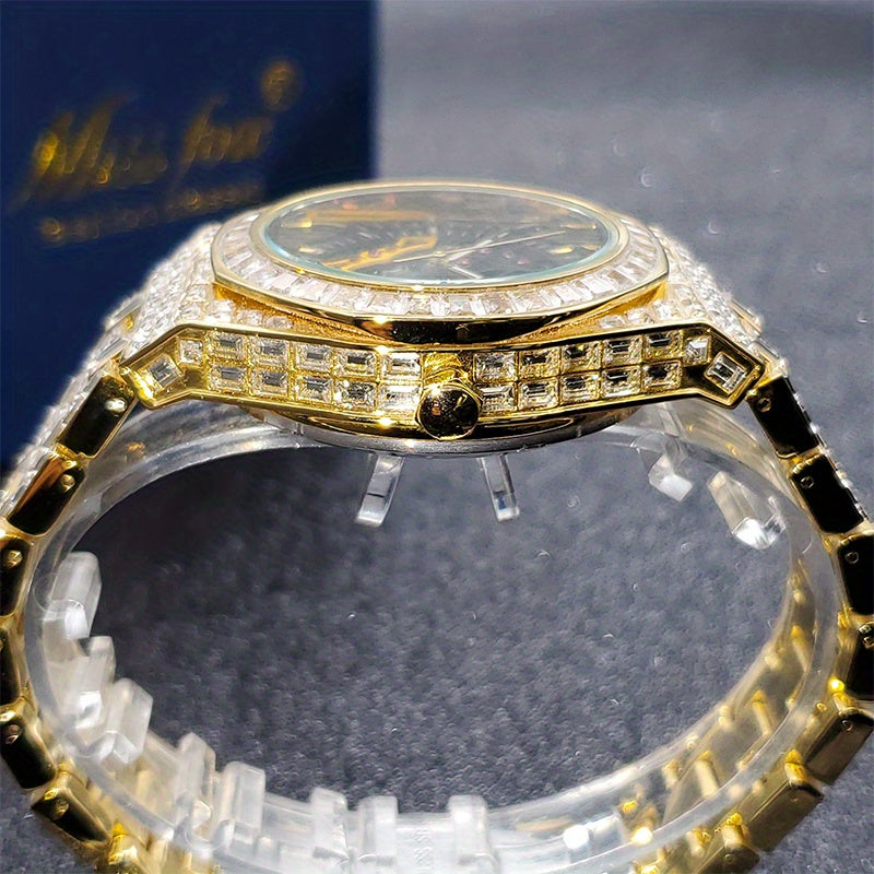 Automatic Hollow Mechanical Watch Men'S Tourbillon Mechanical Watch Luxury All Rhinest Glass Transparent Bottom Men'S Watch Gift, Without Battery