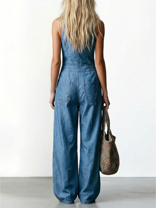 Light Blue Sleeveless V-Neck Button Wide-Leg Jumpsuit Women'S Style | Casual Relaxed Minimalist Chic Perfect for Daily Outings & Light Commuting & Weekend Strolls