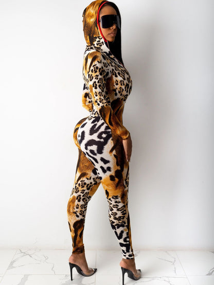 Summer Women'S Fitted Jumpsuit with a Leopard Print, V-Neck, And Long Sleeves Featuring a Hood