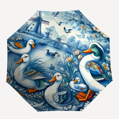Automatic Open/Close Umbrella with 8-Rib Windmill & Duck Design - Heavy-Duty Plastic Handle, Compact Folding Umbrella with Auto-Open Mechanism, Portable Sunshade For Halloween, Christmas Gifts, Travel, Everyday Use - Durable
