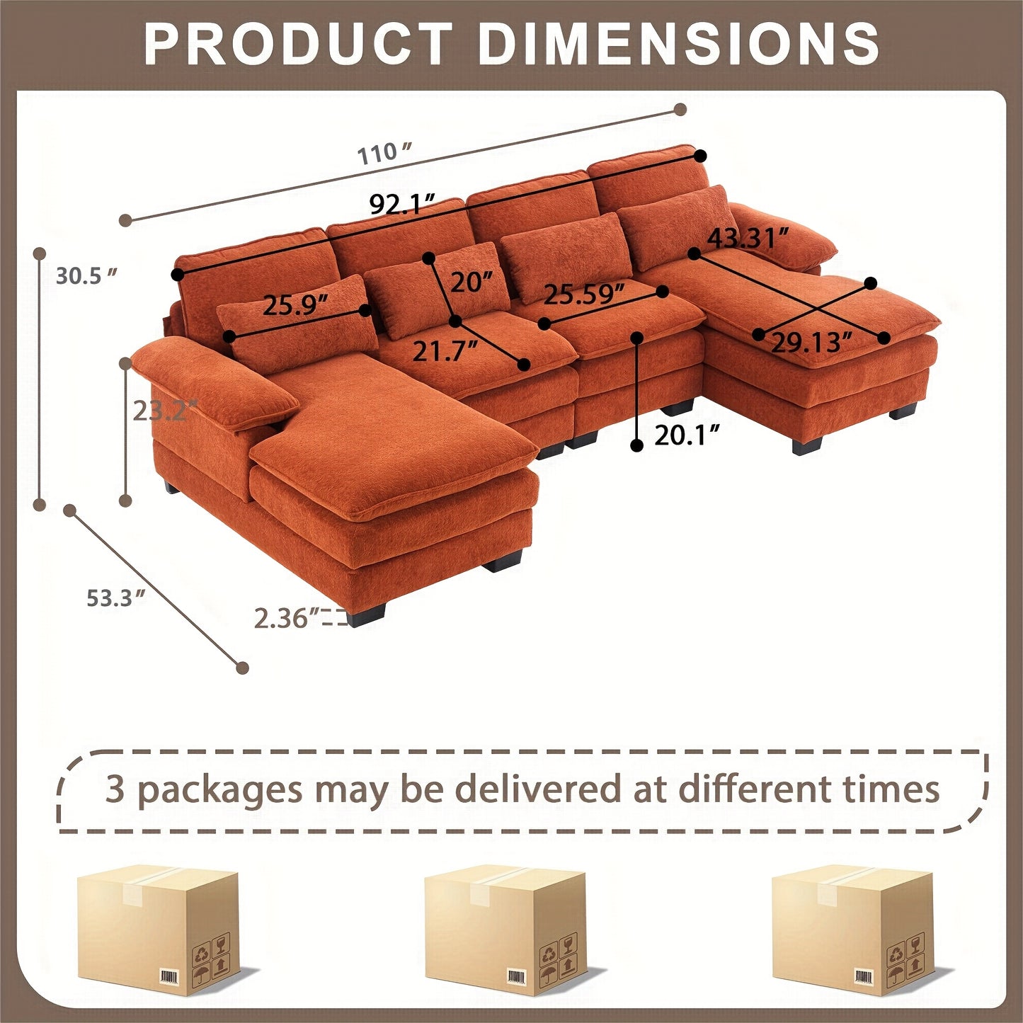 110'' U-Shaped Comfort 4-Seater Cloud Sofa, Modern Deep-Seat Comfort Living Room Sofa, Chenille Fabric