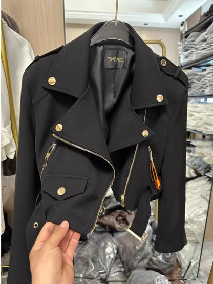Women'S Retro Motorcycle Jacket - Slim-Fit Short Coat with Stand Collar & Belt, Full-Zip Front Closure, Structured Biker Outerwear for Fall Commuting, Casual to Semi-Formal Outfits (Black/White) - Versatile Layering Piece, Mo