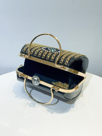 Glamorous Black & Golden Rhinestone Embellished Clutch with Detachable Strap - Sparkly Geometric Evening Bag for Parties, Banquets, and Formal Gatherings, Banquet Accessory | Polyester Construction, Party Purse