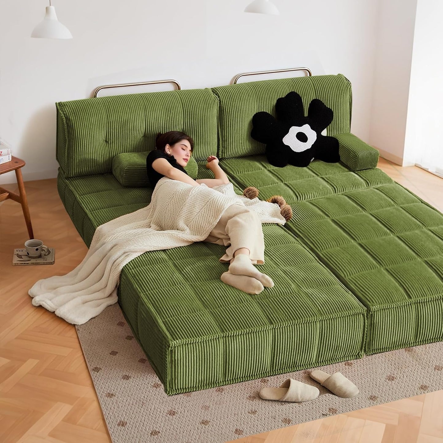 Convertible Sleeper Sofa Bed with Stainless Steels Fixed Frame, Corduroy Folding Futon Couch Bed with Square Pillows, Modular Floor Sofa Lounge Couches Living Room Bedroom-Green