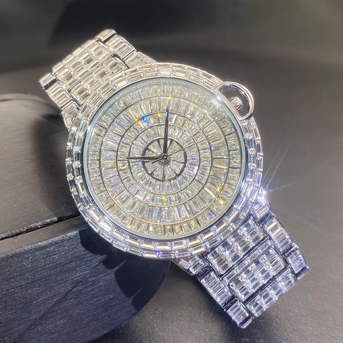 1pc PLADEN Luxury Men'S Square Ice Watch with Rhinestones, Fashion Hip-Hop Faux Faux Faux Gemstone, Round Dial, Alloy Band, Quartz Movement, Battery Operated, Water Resistant, for Party, New Year, Independence Day, Ramadan