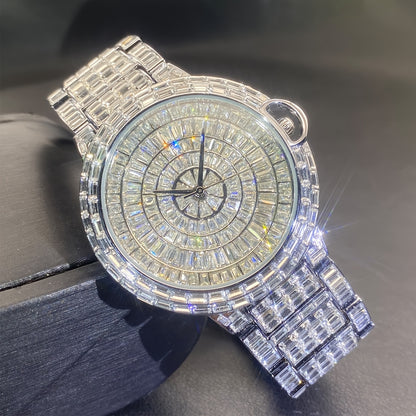 1pc PLADEN Luxury Men'S Square Ice Watch with Rhinestones, Fashion Hip-Hop Faux Faux Faux Gemstone, Round Dial, Alloy Band, Quartz Movement, Battery Operated, Water Resistant, for Party, New Year, Independence Day, Ramadan