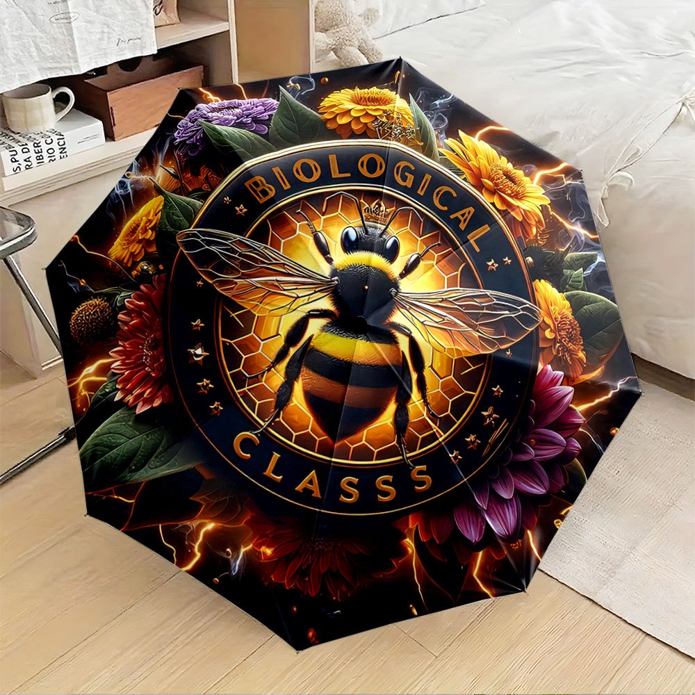 1pc Automatic Umbrella with Biological Class Print (Bee & Flower Design) - Automatic Opening/ Closing, 8-Rib Compact Canopy, Collapsible Portable for / - Unique Science-Themed Gift for Christmas, Birthdays & Everyday Use