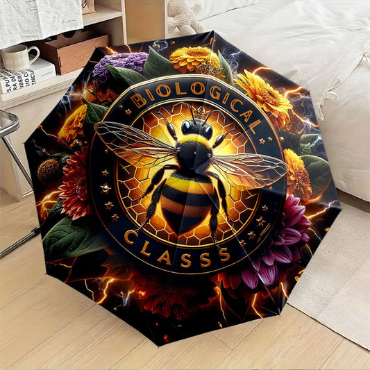 1pc Automatic Umbrella with Biological Class Print (Bee & Flower Design) - Automatic Opening/ Closing, 8-Rib Compact Canopy, Collapsible Portable for / - Unique Science-Themed Gift for Christmas, Birthdays & Everyday Use