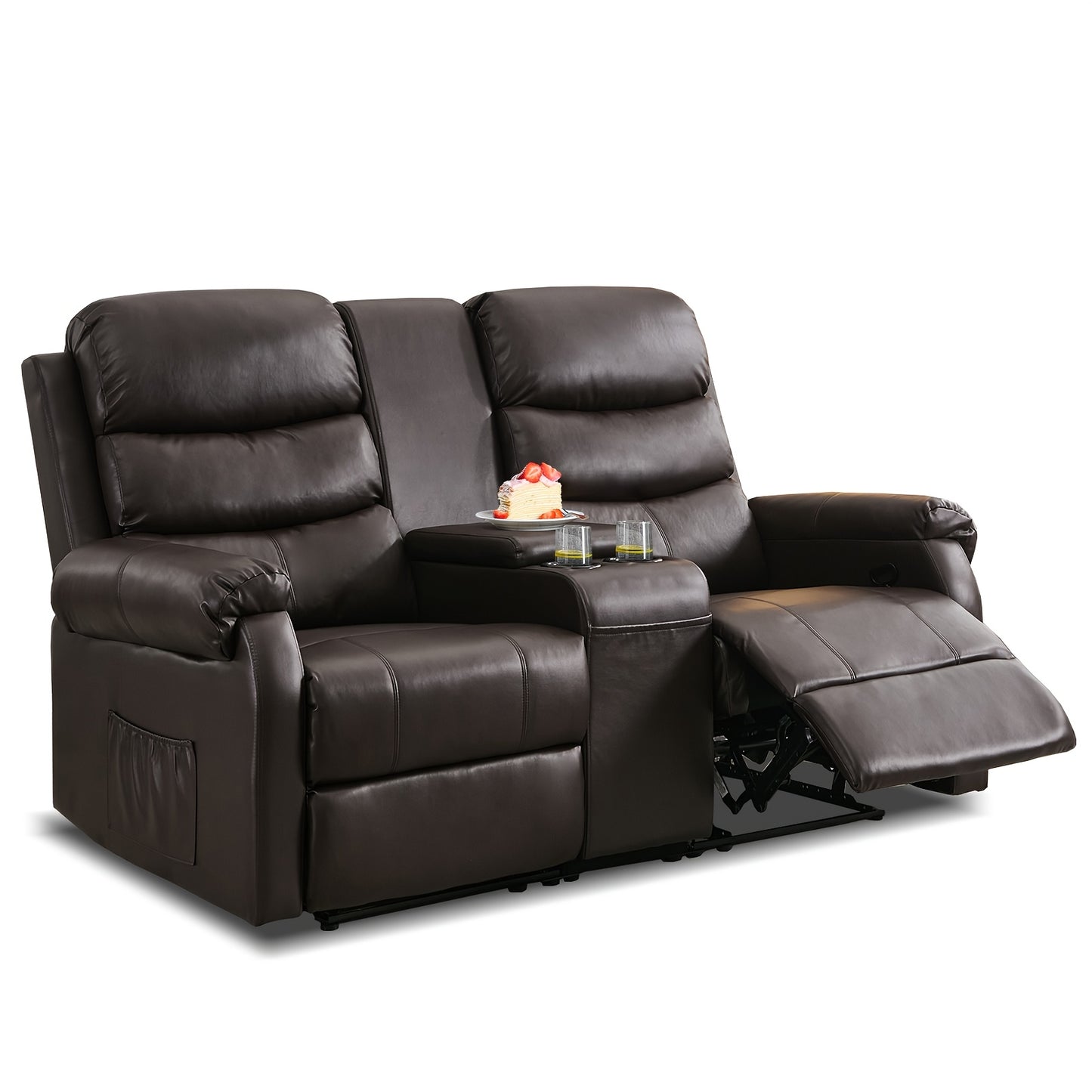 Office Reclining Loveseat, Manual RV Recliner Sofa With Console & Cup Holders & Pockets, Faux Leather Upholstered