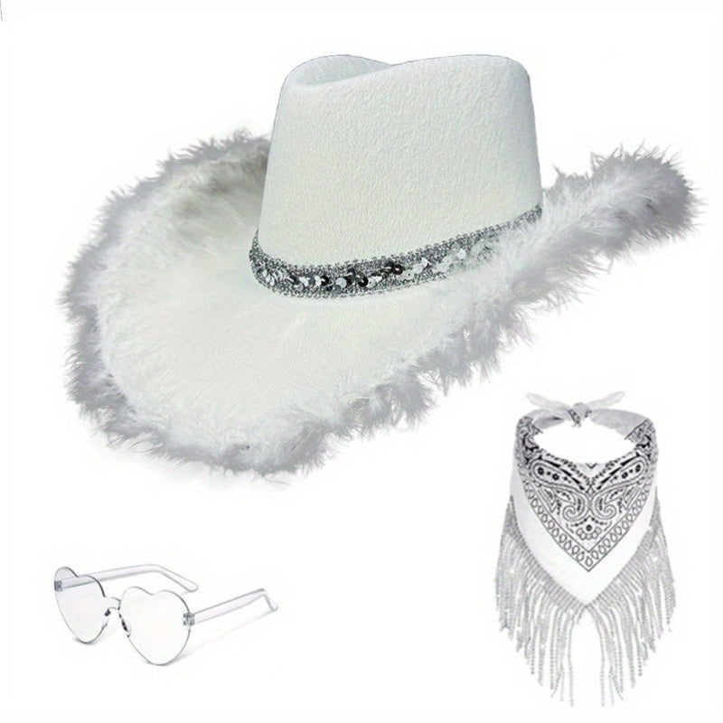 3pcs Western Cowboy Hat Set Unisex Rhinestone Cowboy Hats with Wide Brim Cowgirl Hat Eyeglass and Scarf Set Festival Cowboy Costume Accessories for Weddings and Outdoor Events