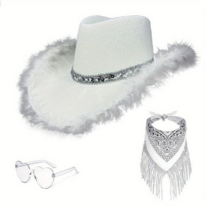 3pcs Western Cowboy Hat Set Unisex Rhinestone Cowboy Hats with Wide Brim Cowgirl Hat Eyeglass and Scarf Set Festival Cowboy Costume Accessories for Weddings and Outdoor Events