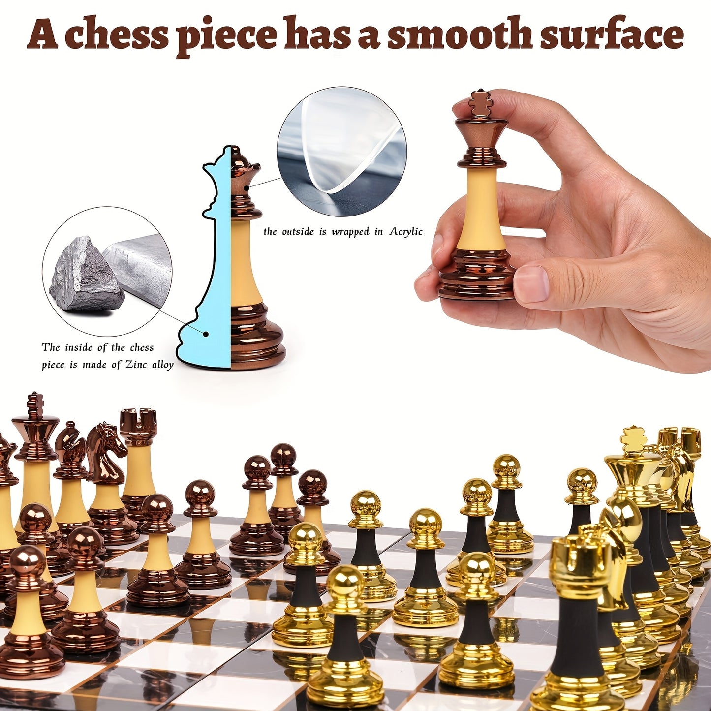 15" Acrylic Chess Sets for Adults with Zinc Alloy + Acrylic Chess Pieces & PortableFolding Wooden Chess Board Travel Tournament Chess Set Strategy Board Game GiftChessmen