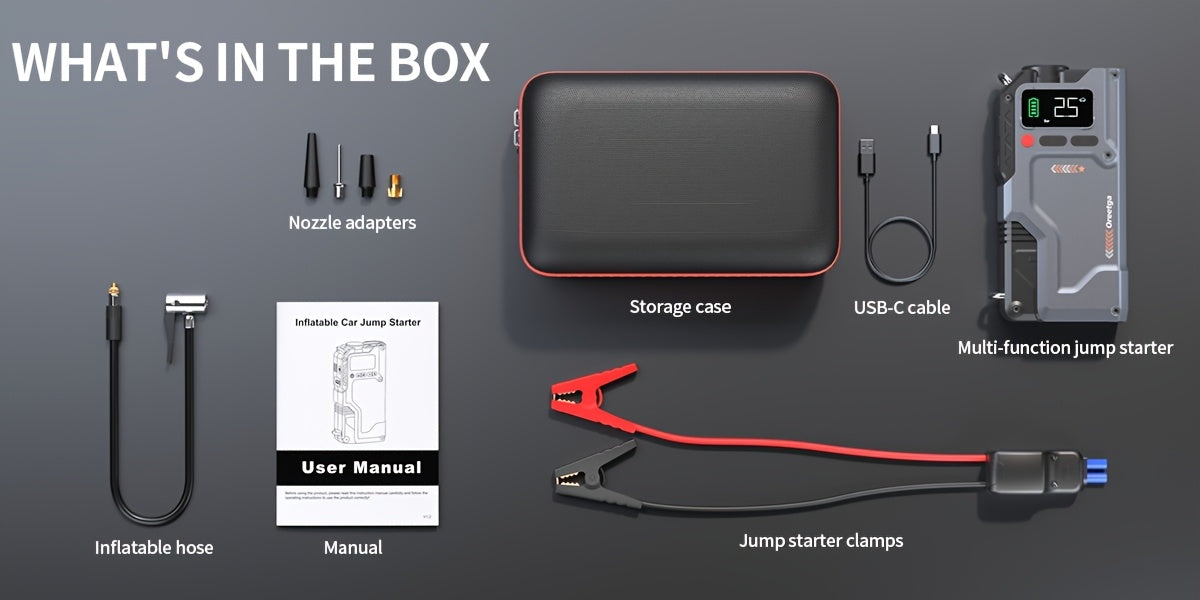 9000A Car Battery Jump Starter - Portable Power Pack with Extended Smart Jumper Cables, Quick Charge, Large Display, LED Lights, And Safety Protections for (All Gas/3.17gal Diesel) Engines, Start The Car Quickly, Jump Starter