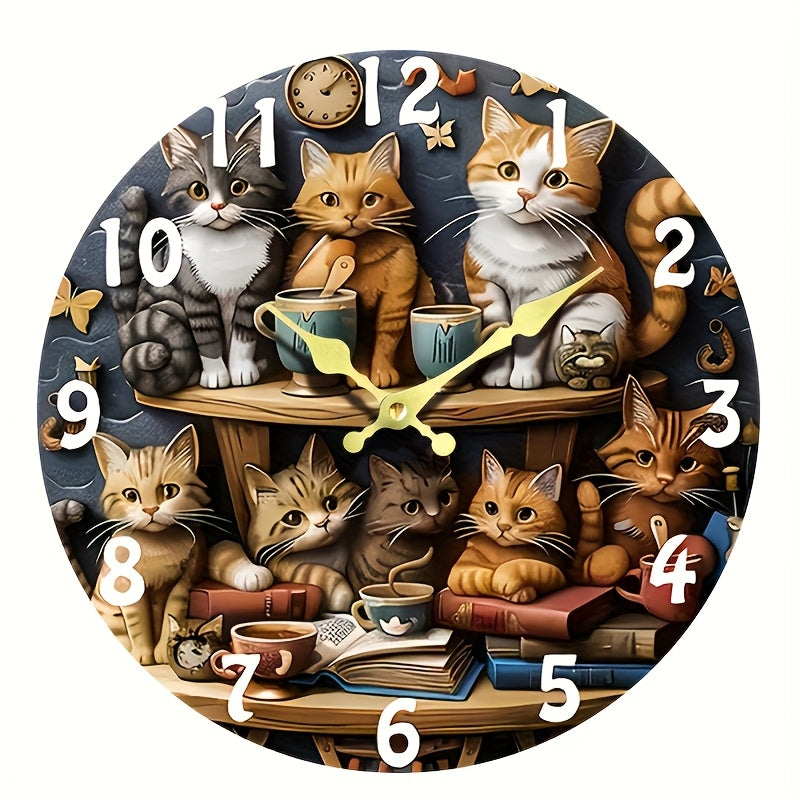 [12-Inch Silent Cat Clock] 12-Inch Silent Quartz Wall Clock with Wooden Fiber | Whimsical Cat Design, Charming Illustration of Cats with Teacups and Books, Perfect for Living Room, Home, Dorm, Office Decor | Requires 1 AA Bat