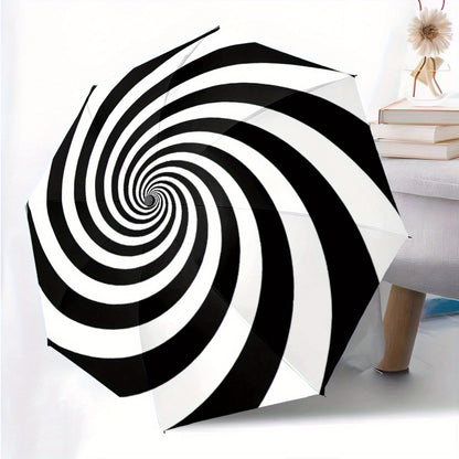 Automatic Folding Umbrella with Black & White Spiral Design - 8-Rib Automatic Open/Close, Portable Collapsible Compact Umbrella with Ergonomic Handle & Windproof Canopy for All-Season Use, Casual Outdoor Travel, Christmas/Bir