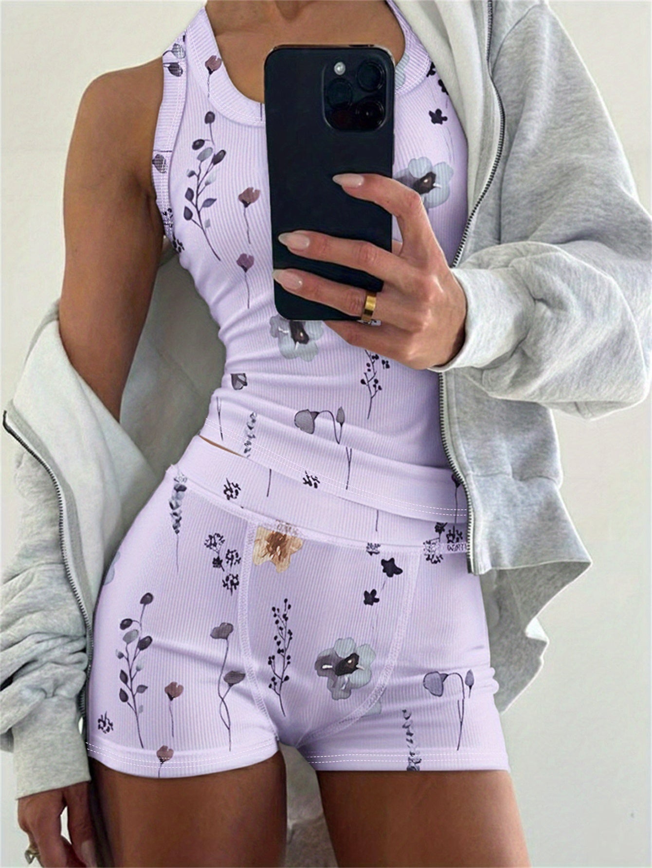 2pcs Outfit Floral Print U-Neck Tank Top And Elastic Waist Shorts Set Slim Fit Ribbed Set