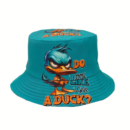 [Machine Washable] Funny Duck Bucket Hat with "DO I LOOK LIKE A DUCK?" Text - Turquoise & Orange Accent Streetwear Hat for Men & Women, Machine Washable Outdoor, Bold Statement Costume Accessory or Everyday Casual Cap, Outdoo