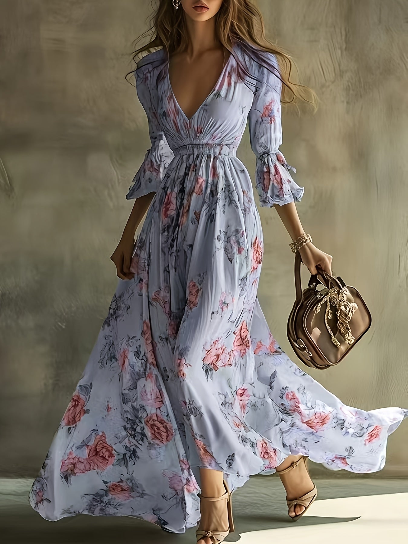 Bohemian Floral V-Neck Maxi Dress - Lightweight Chiffon Sundress Featuring a Stylish High Slit, Perfect for Festivals Or Beach Cover-Ups, with a Flowing Hem Ideal for Music Festivals And Holidays