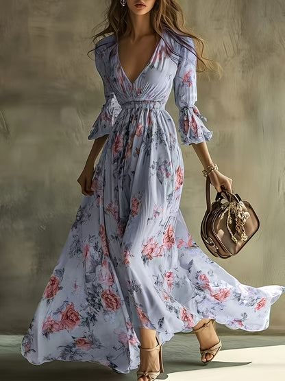 Bohemian Floral V-Neck Maxi Dress - Lightweight Chiffon Sundress Featuring a Stylish High Slit, Perfect for Festivals Or Beach Cover-Ups, with a Flowing Hem Ideal for Music Festivals And Holidays