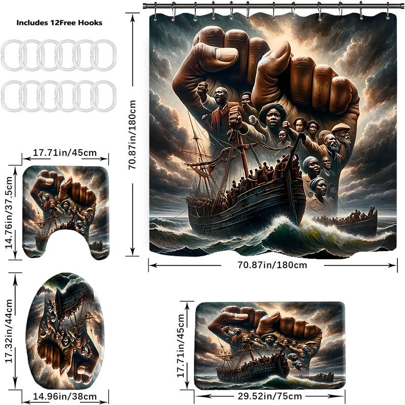 1pc/4pcs Winning ship pattern, Apartment bathroom, Shower Room shower curtain, hotel shower curtain set, with 12 hooks, bathroom mat, toilet seat mat and U-shaped mat, bathroom accessories, shower curtain set