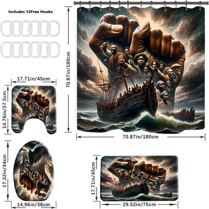 1pc/4pcs Winning ship pattern, Apartment bathroom, Shower Room shower curtain, hotel shower curtain set, with 12 hooks, bathroom mat, toilet seat mat and U-shaped mat, bathroom accessories, shower curtain set