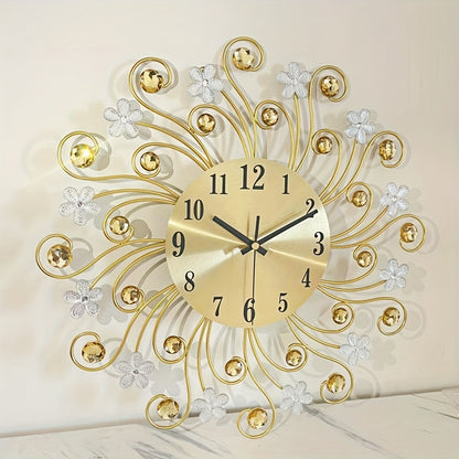 1pc Silent Luxury Wall Clock with Floral Design - Golden Metal Frame, Black Hands, Ideal for Living Room, Bedroom, Study, Entrance & Dining Room Decor - Perfect Mother'S Day or Housewarming Gift, Clock Wall Decor