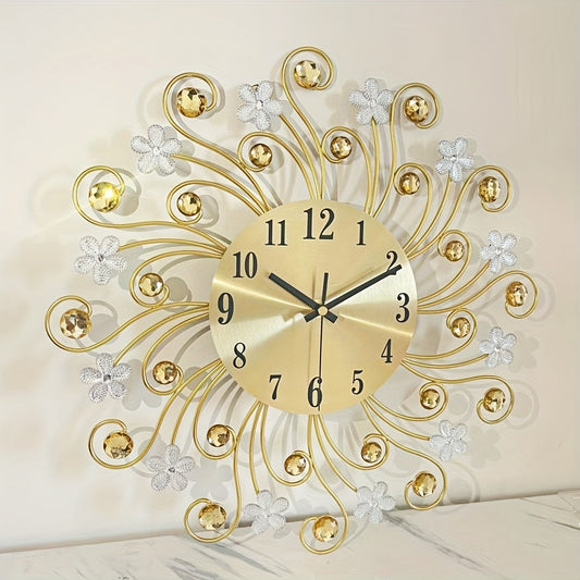 1pc Silent Luxury Wall Clock with Floral Design - Golden Metal Frame, Black Hands, Ideal for Living Room, Bedroom, Study, Entrance & Dining Room Decor - Perfect Mother'S Day or Housewarming Gift, Clock Wall Decor