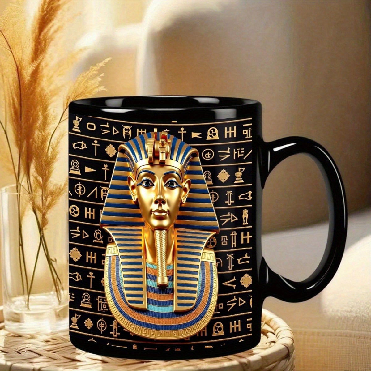1pc Egyptian Pharaoh Tutankhamun King Tut Golden Mask Design Black Ceramic Mug - 11oz Durable Coffee Cup with Hieroglyphic Print, Ideal Gift for Birthdays, Anniversaries, History Lovers & Egyptian-Themed Home Decor