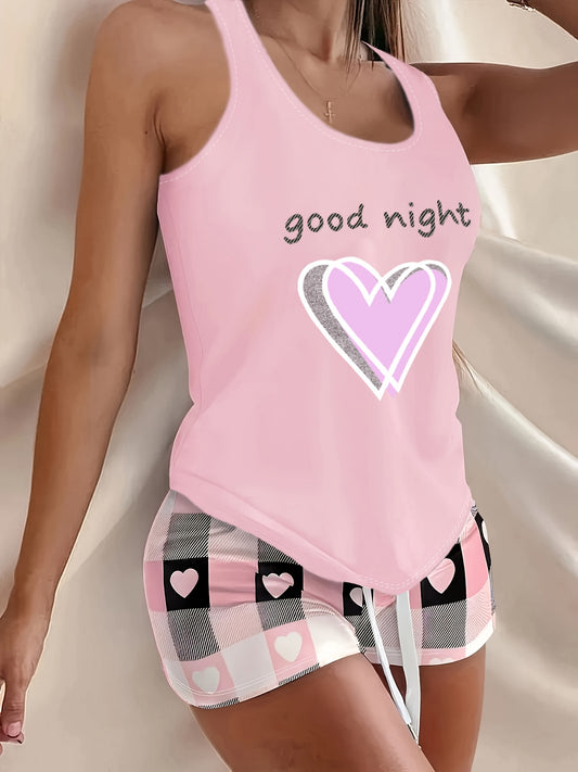 2pcs Women'S Summer Slim-Fit Pajama Set, Love Letter Print Tank Top, Elastic Waist Drawstring Pocket Shorts, Suitable for Home and Casual Outings