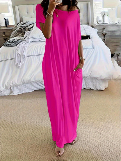 Women's Solid Color Batwing Sleeve Lounge Dress, Casual Comfy Short Sleeve Nightdress for Daily Wear, Loungewear, Ladies Sleepwear for All Seasons
