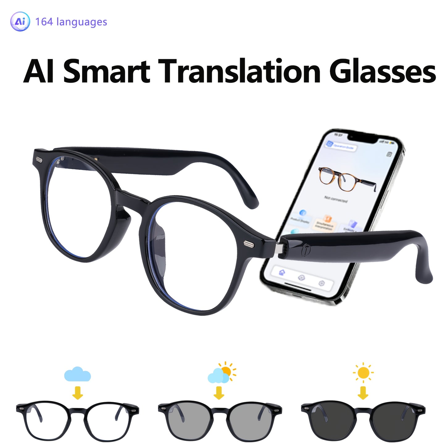 AI Smart Translation Glasses, Supporting 164 Languages, Polarized Lenses, Built-in Microphone Speaker, AI Voice Assistant, Compatible With IOS/Android, Suitable For Both Men And Women, Halloween Gifts