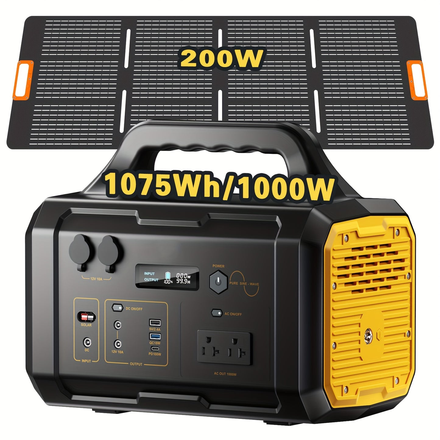 1075Wh Portable Power Station with 200W Solar Panel, Dual Source (Battery/Solar), Fast Charging, Lithium Battery, US Plug, Ideal for Camping, RV, Hunting & Emergency Outdoor Use, Portable Charger Power Bank