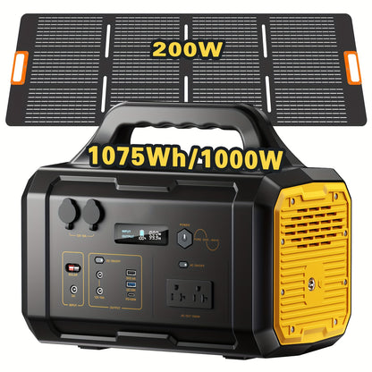 1075Wh Portable Power Station with 200W Solar Panel, Dual Source (Battery/Solar), Fast Charging, Lithium Battery, US Plug, Ideal for Camping, RV, Hunting & Emergency Outdoor Use, Portable Charger Power Bank