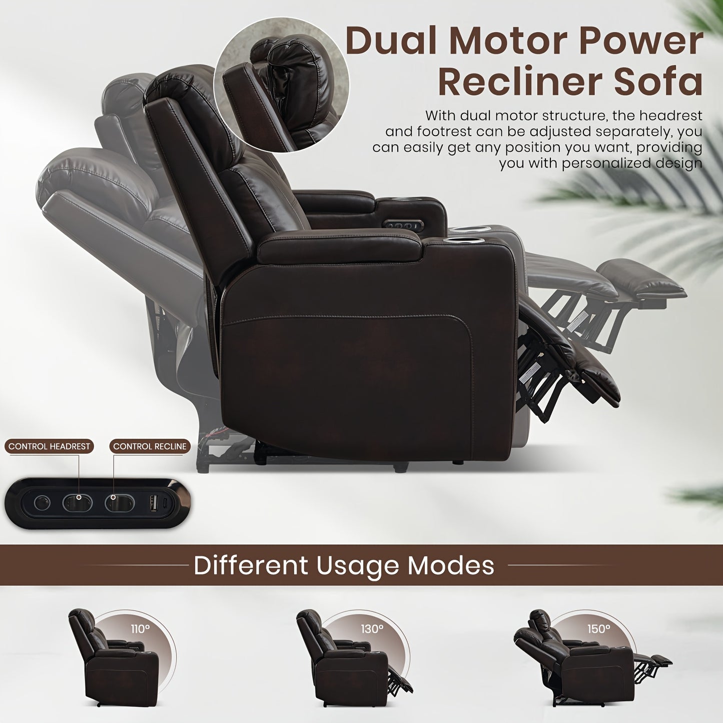 Consofa Leather Reclining Couch, Dual Motor Power Reclining Sofawith Power Headrest/LED Light/Armrest Storage, Recliner Sofa 3 Seater for Living Room/Apartment/Bedroom, Living Room Seating, Apartment Furniture, Stylish Reclin