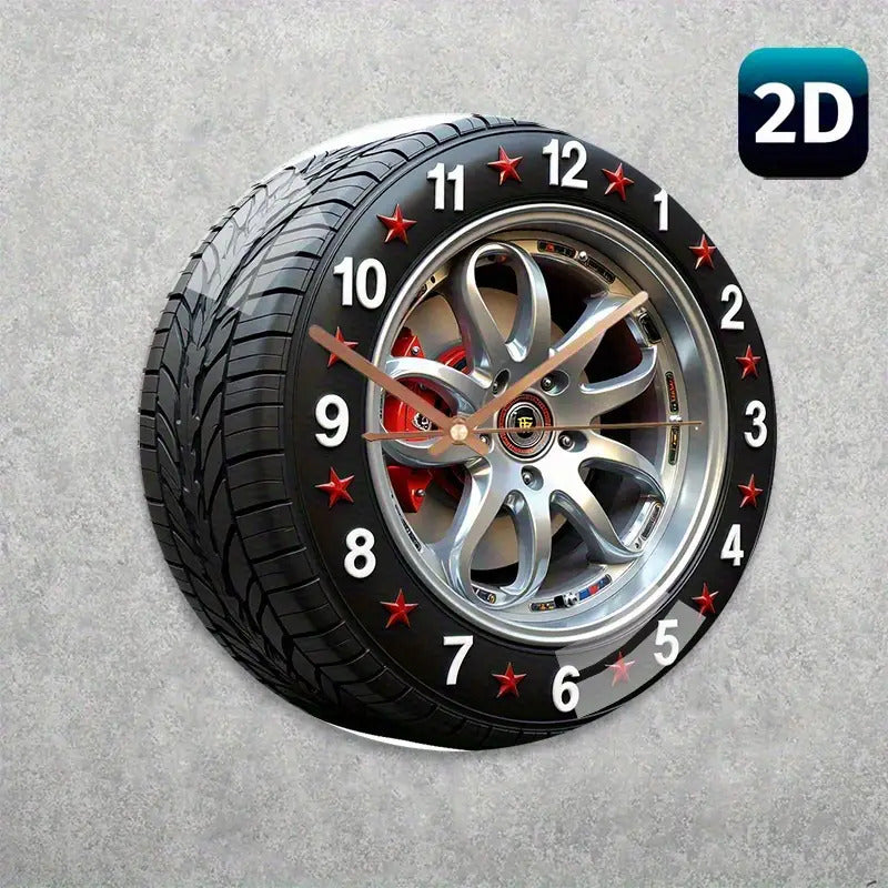 12 Inch Large Modern Car Tire Wall Clock - Heated Glass Silent Quartz Movement with Mechanism, Red & Black Rims & White Face - Battery- (AA Not Included) - Auto-Themed Home Decor for Living Room, Bedroom, - Novel, 2D Flat