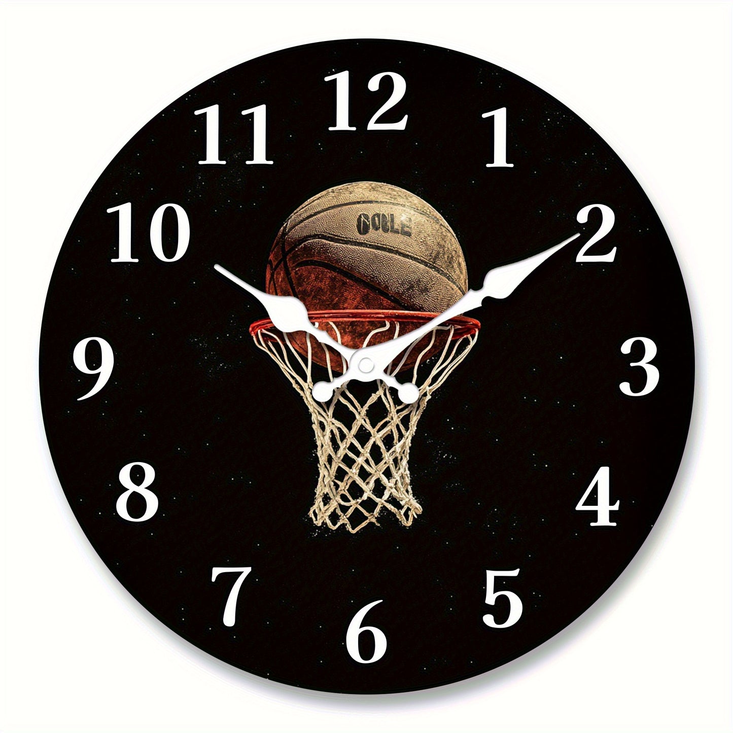 1x 10 Inch Basketball-Themed Wall Clock with Silent Sweep Movement - Black & Golden Sports Decor, Hoop & Number 30 Design (Basketball Fans), Artificial Wood Frame - Easy-to-Read White Hands, AA Batteries Not Included - Perfec