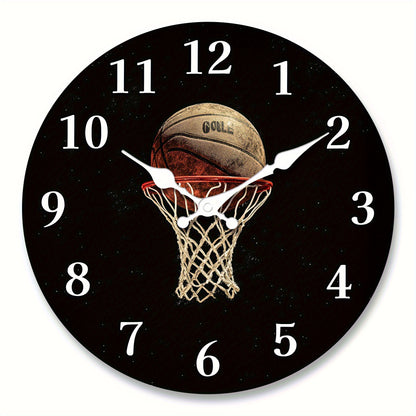 1x 10 Inch Basketball-Themed Wall Clock with Silent Sweep Movement - Black & Golden Sports Decor, Hoop & Number 30 Design (Basketball Fans), Artificial Wood Frame - Easy-to-Read White Hands, AA Batteries Not Included - Perfec