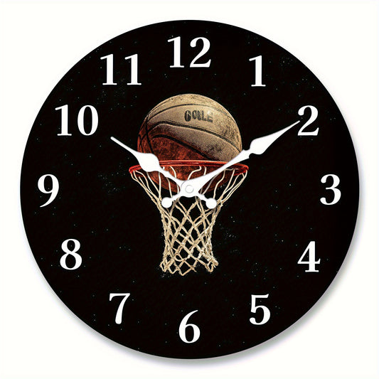 1x 10 Inch Basketball-Themed Wall Clock with Silent Sweep Movement - Black & Golden Sports Decor, Hoop & Number 30 Design (Basketball Fans), Artificial Wood Frame - Easy-to-Read White Hands, AA Batteries Not Included - Perfec