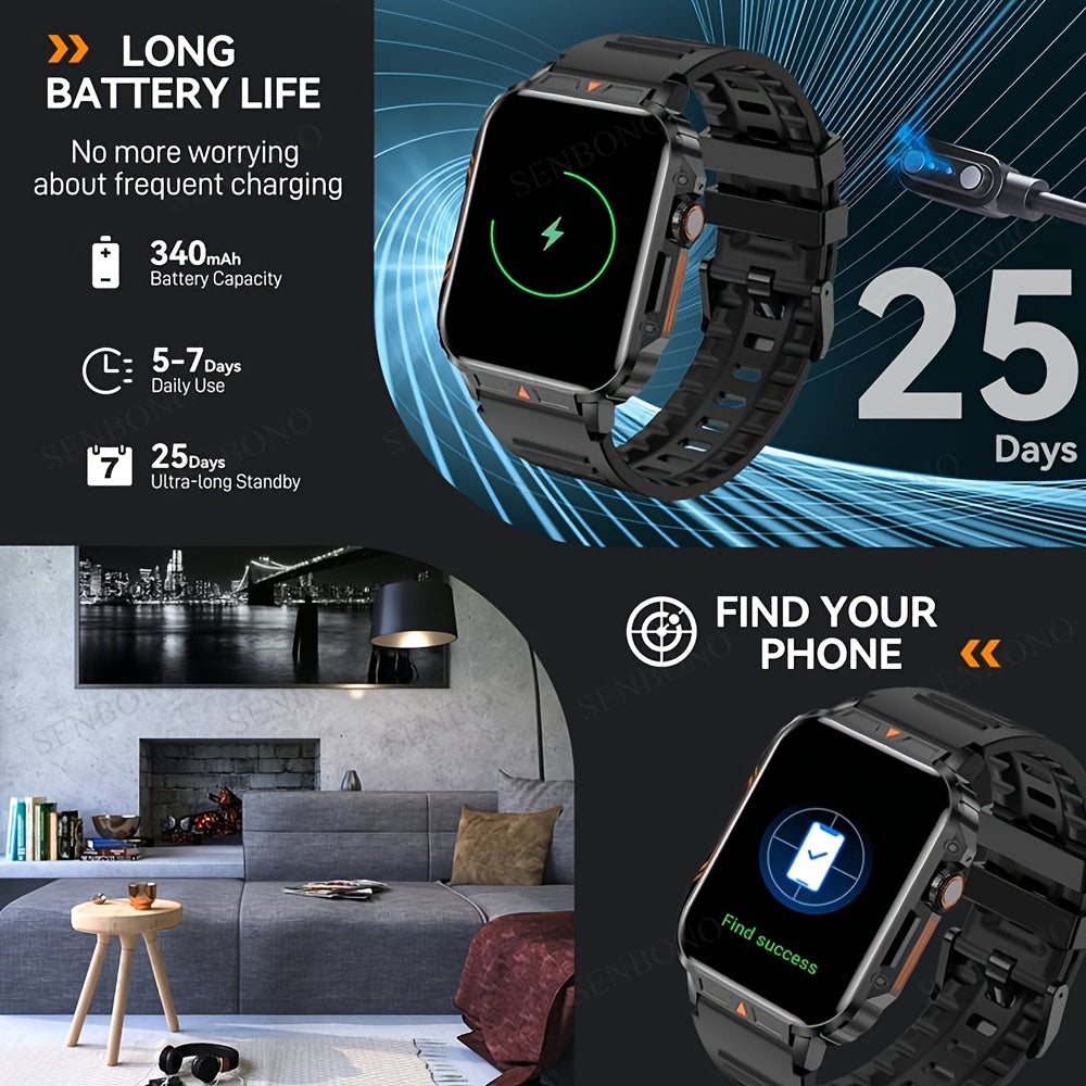 [SENBONO Smart Watch] SENBONO Smart Watch, 1.95 Inch TFT Screen, 240x296 Resolution, Wireless Call, Step Counter, Calories, Distance Fitness Tracker, Weather, Information Push, Alarm, DIY Watch Face, Rechargeable 340mAh Lithi