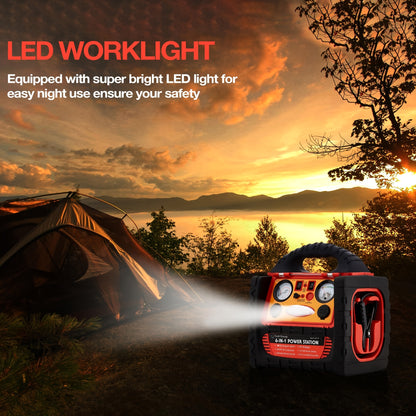 1800 Amp Portable Power Station & Car Jump Starter with Air Compressor - Heavy-Duty 260 PSI Tire Inflator, 400W AC/DC Inverter, 2.1A USB Port, Dual Power Outputs, Battery Clamps Included for Emergency, for Backup, USB- Operat