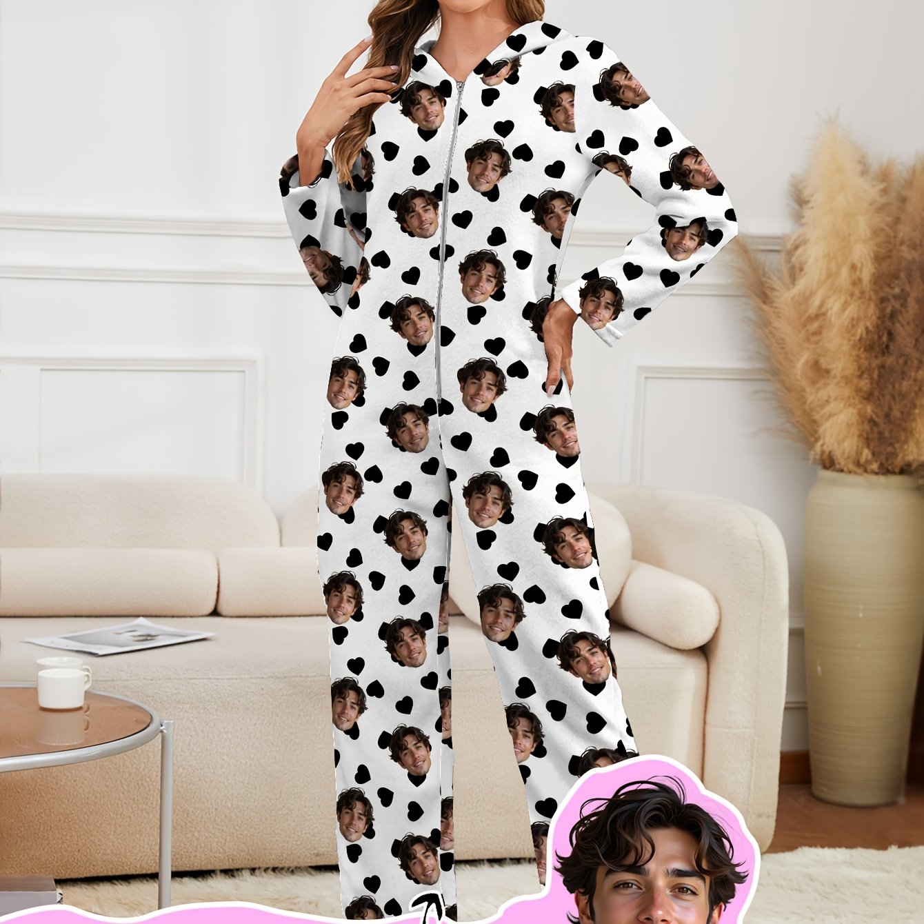 Custom Women'S Onesie Pajamas - Flannel Fleece Lined Heart Print | Zippered, Warm & Thick Loungewear | Customizable With Idol Merch, Face, Anime & Pet | Creative Christmas Gift/Couple Memorial | Perfect For Parties, Birthdays