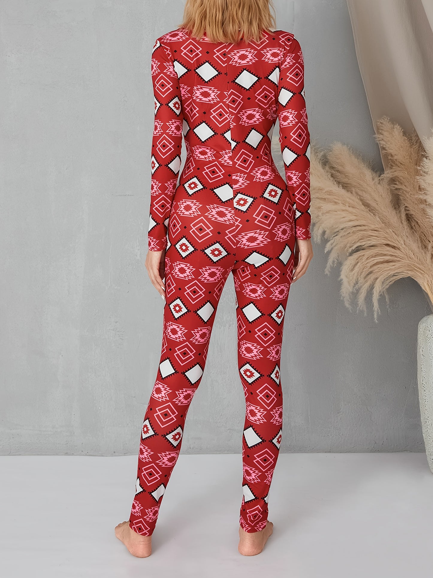 Women's Plaid V-Neck Romper - Casual Long Sleeve Jumpsuit with Elastic Yoga Waist and Button Details, Red, Polyester