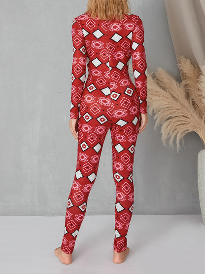 Women's Plaid V-Neck Romper - Casual Long Sleeve Jumpsuit with Elastic Yoga Waist and Button Details, Red, Polyester