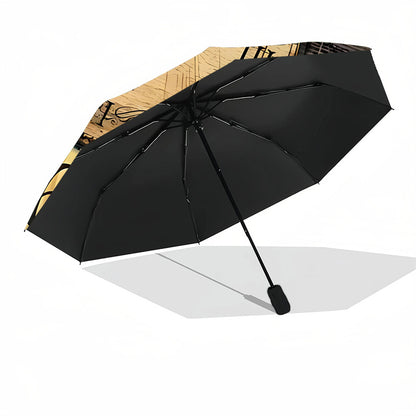 Automatic Open/Close Umbrella with 8 Metal Ribs - Vintage Clock Design, Windproof & Portable Sunshade, Compact Folding Umbrella for Women/Men, Halloween/Christmas Gifts (Brown/Blue/Green/Red/Black/White/Teal/Beige) - Model K0