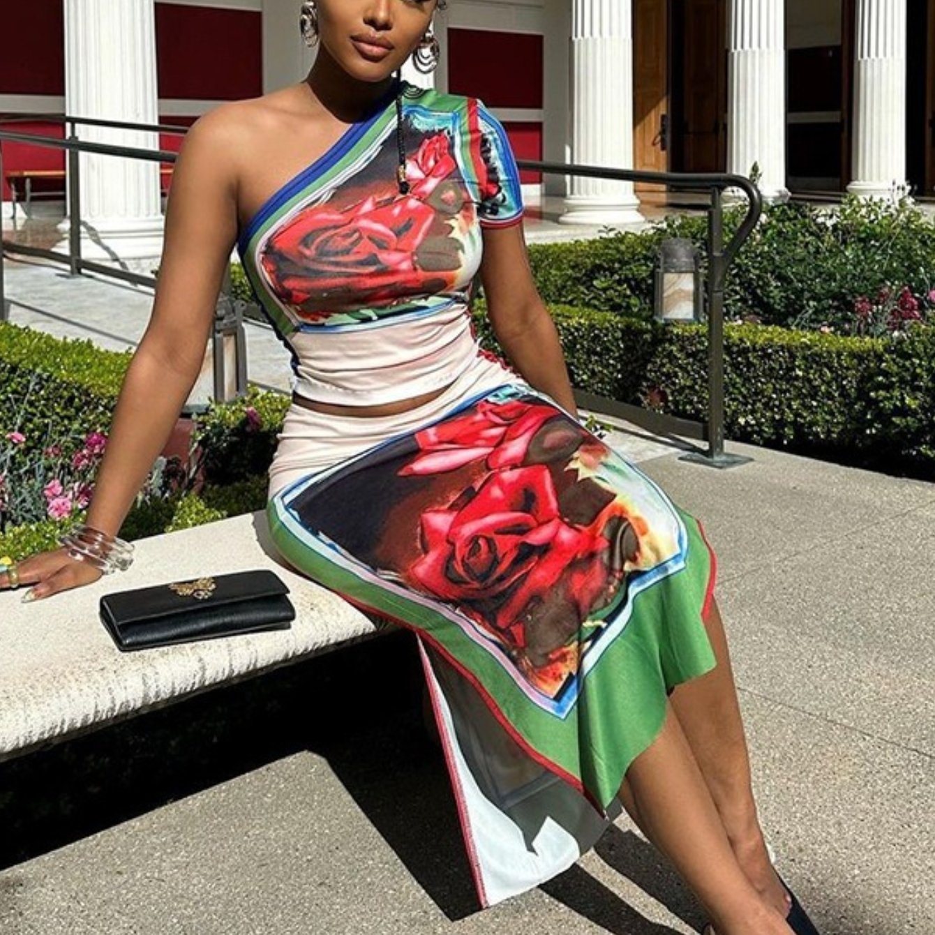 ARTPAGE Summer Fashion Print Sexy Off-Shoulder One-Shoulder Sleeve Hip Wrap Skirt Two-Piece Set Women'S Dress