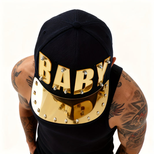 Punk Style Men'S Baseball Cap, 100% Polyester Lightweight Flat Brim Hat with Alphabet Pattern and Embellishments, Non-Stretch Fabric