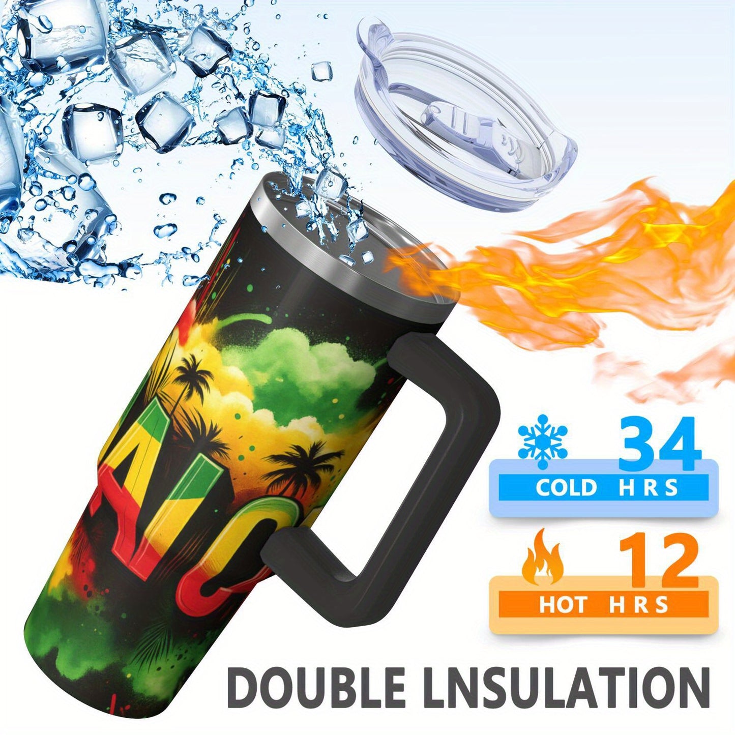 30oz Large Capacity Tumbler with Handle - Double-Wall Insulated Cup, Leakproof Lid & Built-in Straw, BPA-Free Stainless Steel Travel Mug, Keeps Drinks Hot/Cold for Hours, Tropical Jamaica Design in Green/Red/Black/ - Perfect