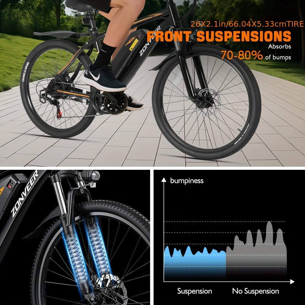 M26 Electric Bike for Adults - 1000W Peak Motor, 40-Mile Range & 20MPH High-Speed, 26" All-Terrain Tire Ebike with Front Suspension, 7-Speed Shimano System, 360Wh Removable Battery, Hydraulic Disc Brakes, Carbon Rims - Heavy-