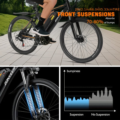 M26 Electric Bike for Adults - 1000W Peak Motor, 40-Mile Range & 20MPH High-Speed, 26" All-Terrain Tire Ebike with Front Suspension, 7-Speed Shimano System, 360Wh Removable Battery, Hydraulic Disc Brakes, Carbon Rims - Heavy-