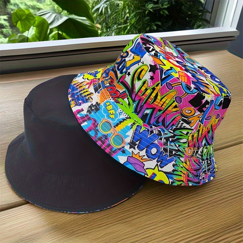 Bucket Hat - Unisex - Graffiti Print - Reversible Closure - Hand Washable - 100% Polyester Lightweight Fabric - Tie-Dye Pattern - Handmade Printing - All-Season Outdoor Fashion Accessory - For New Year Celebration